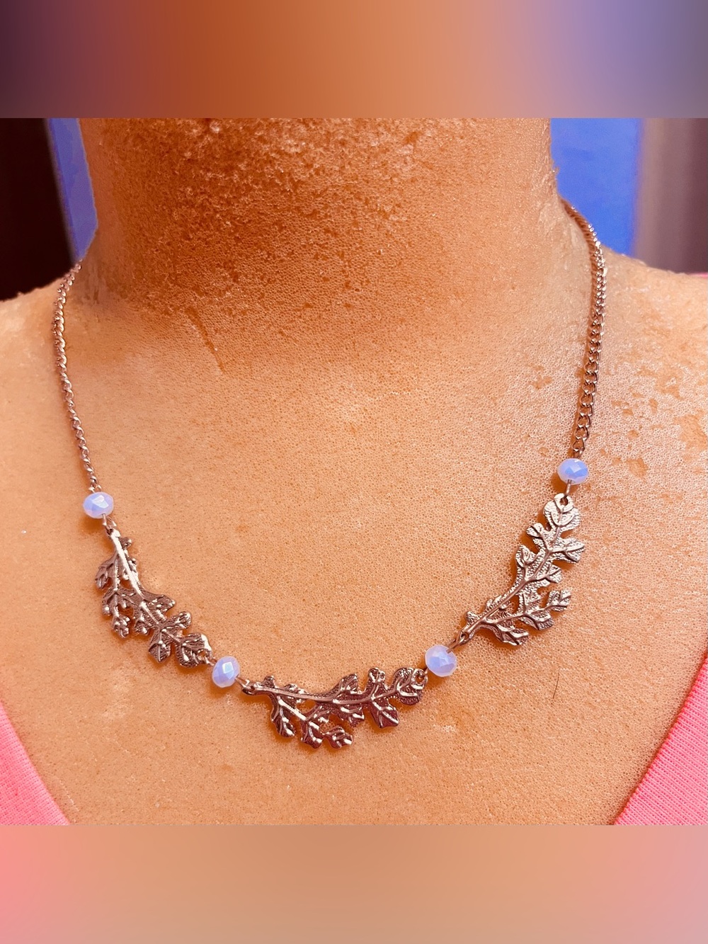 Gold Leaf Pendant Necklace with Pale Blue Faceted Beads - Women Jewelry